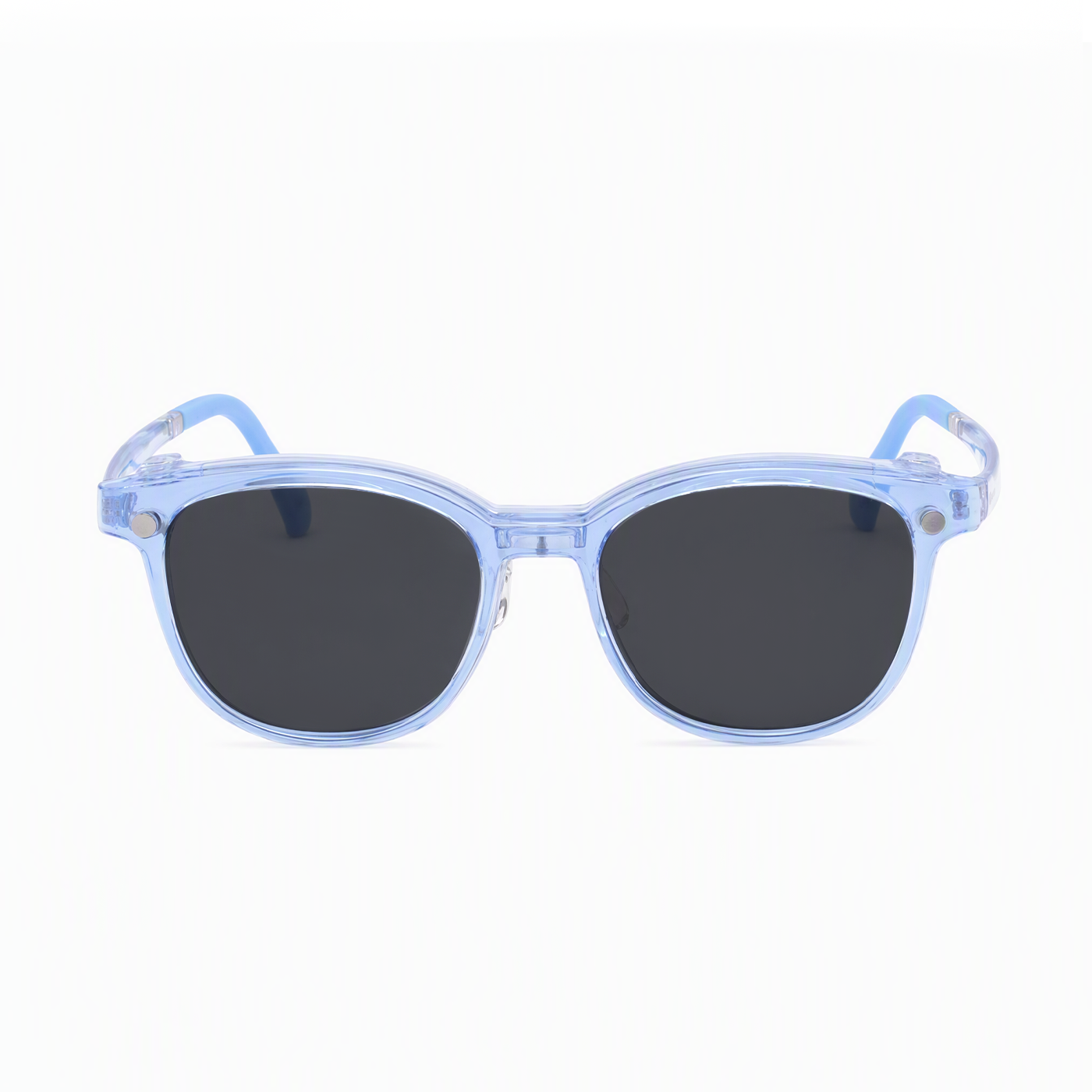 2-in-1 sunglasses, transparent blue frame with dark oval lenses, front view