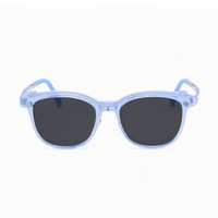 2-in-1 sunglasses, transparent blue frame with dark oval lenses, front view