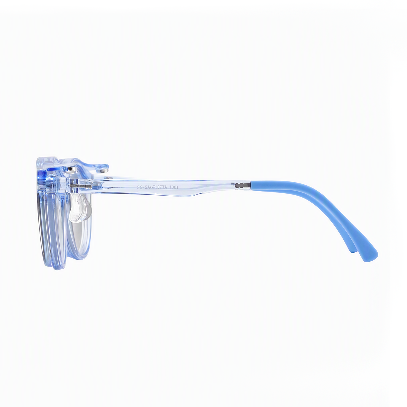 2-in-1 sunglasses, clear frame side view with blue temple arm and hinge detail