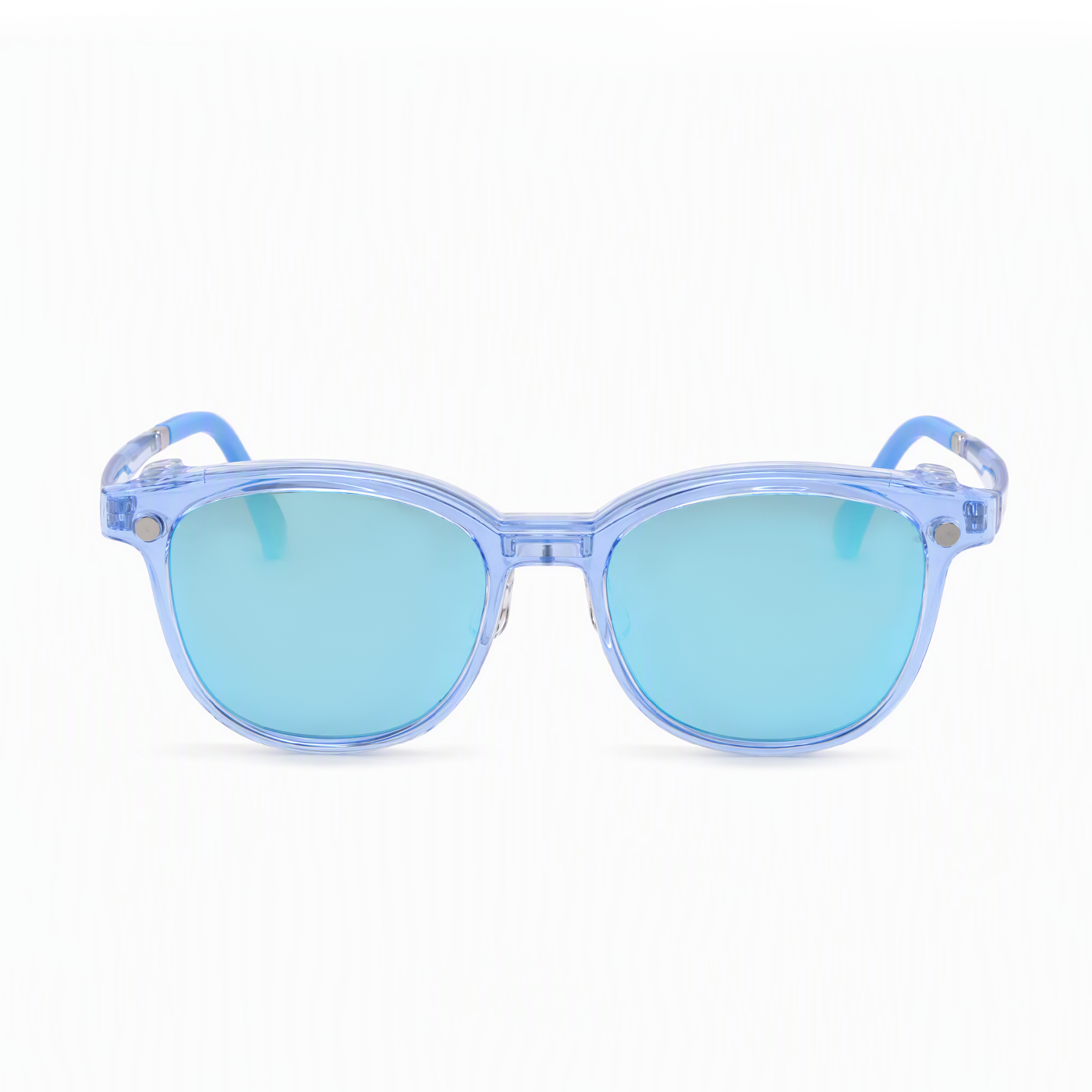 2-in-1 sunglasses, transparent blue frame with light blue oval lenses, front view