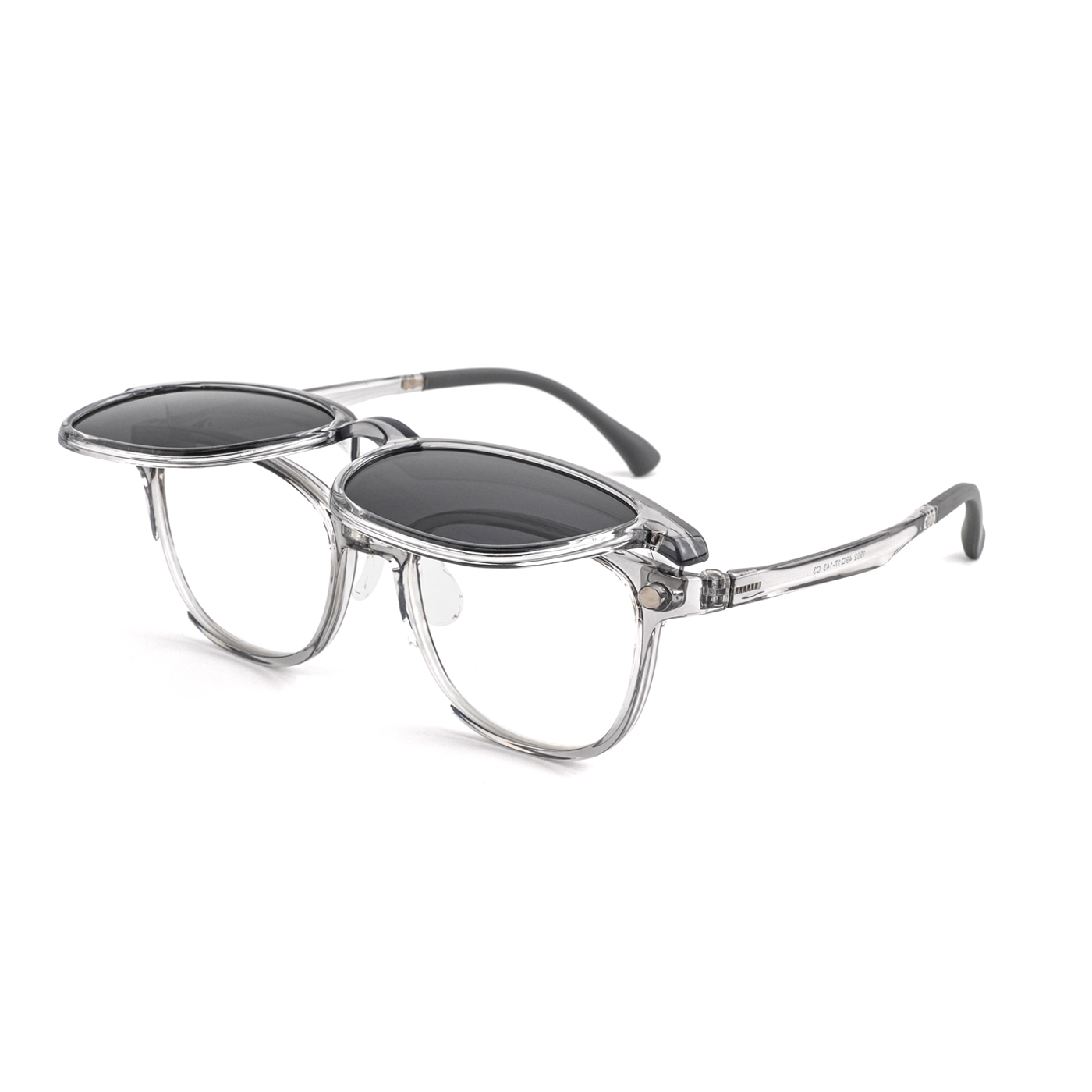 Transparent 2-in-1 glasses with dark-tinted sunglasses lenses and clear frame