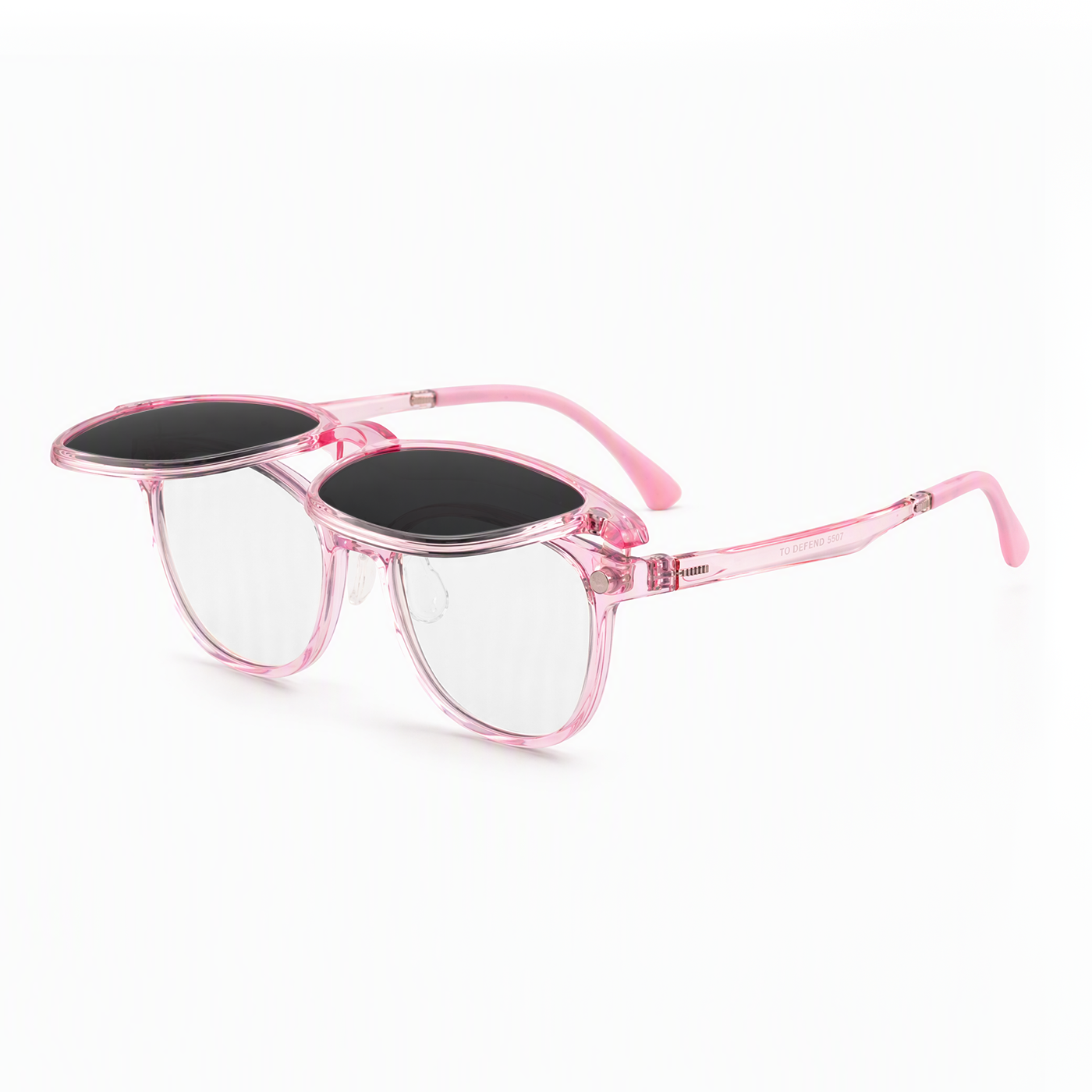 2-in-1 pink translucent eyeglasses with black tinted clip-on lenses
