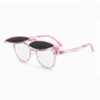 2-in-1 pink translucent eyeglasses with black tinted clip-on lenses