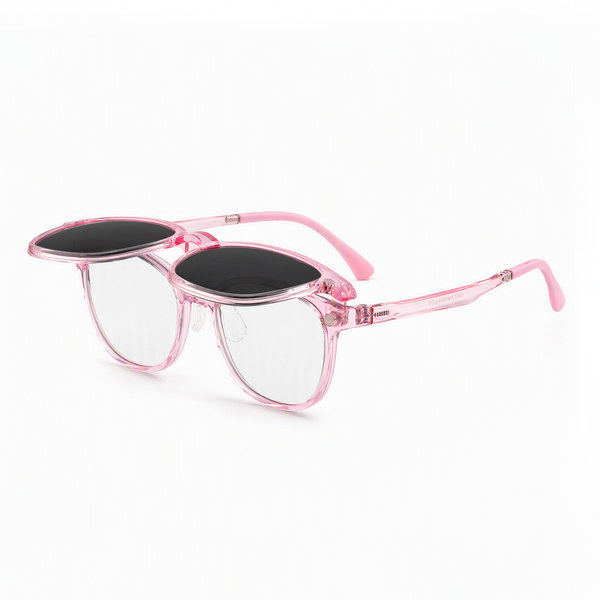 2-in-1 pink translucent eyeglasses with black tinted clip-on lenses