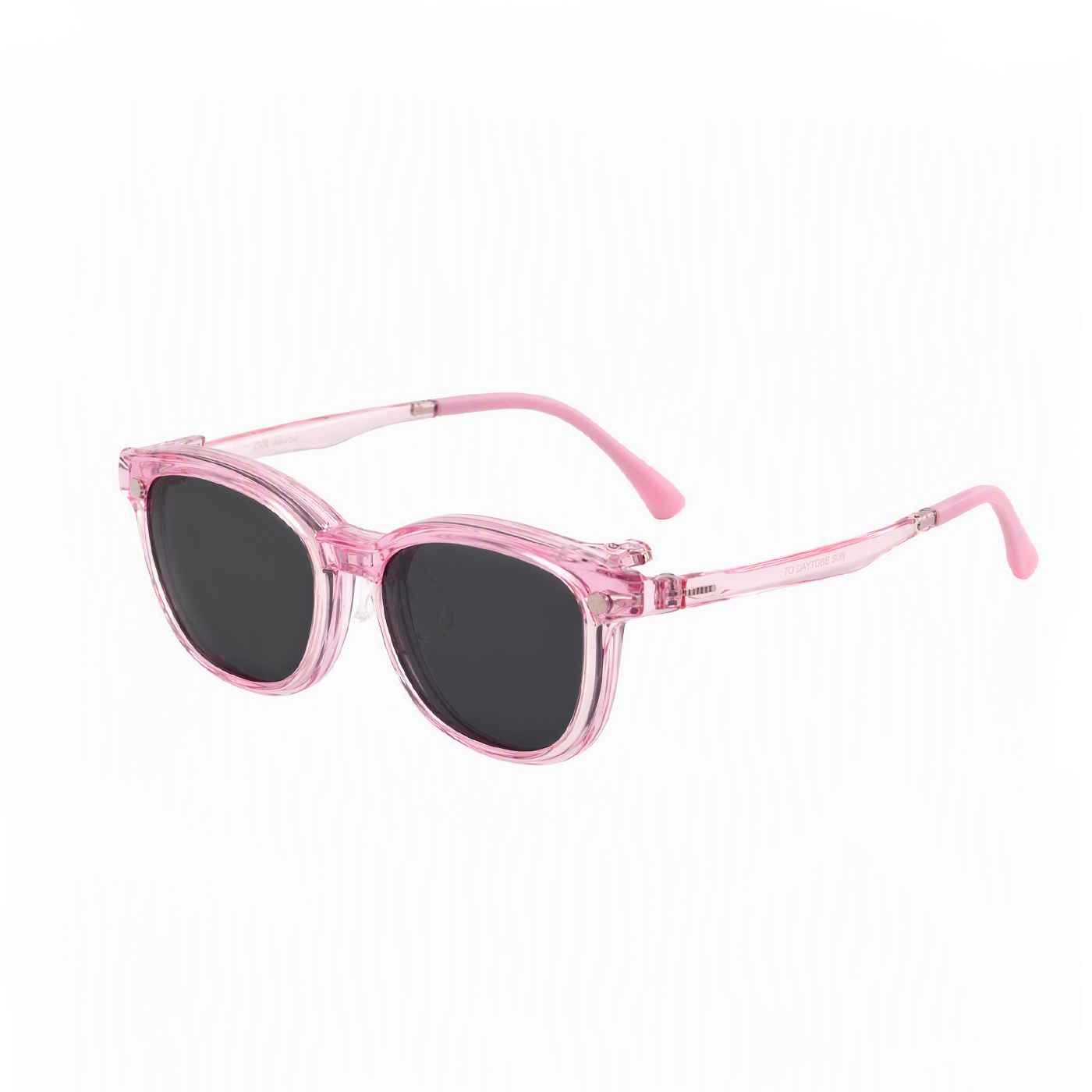 2-in-1 pink translucent eyeglasses with black tinted lenses and side hinge detail