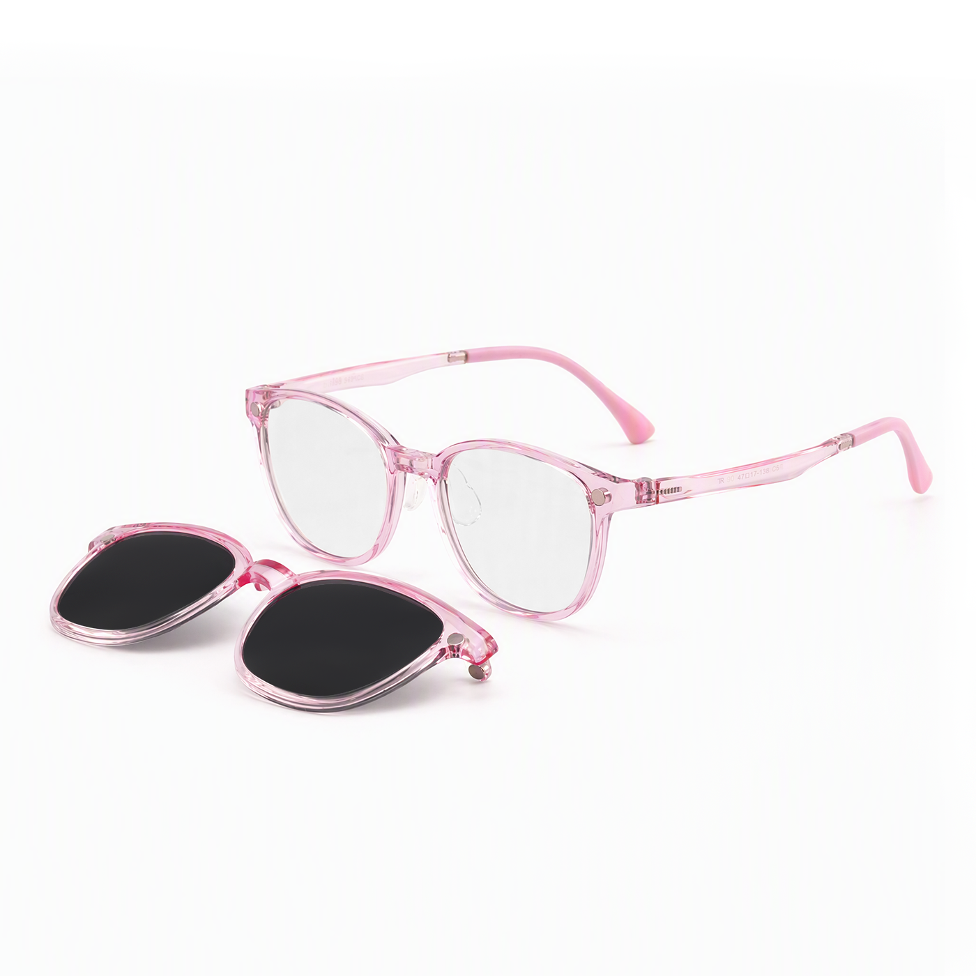 2-in-1 pink translucent eyeglasses with clear front and black clip-on lenses