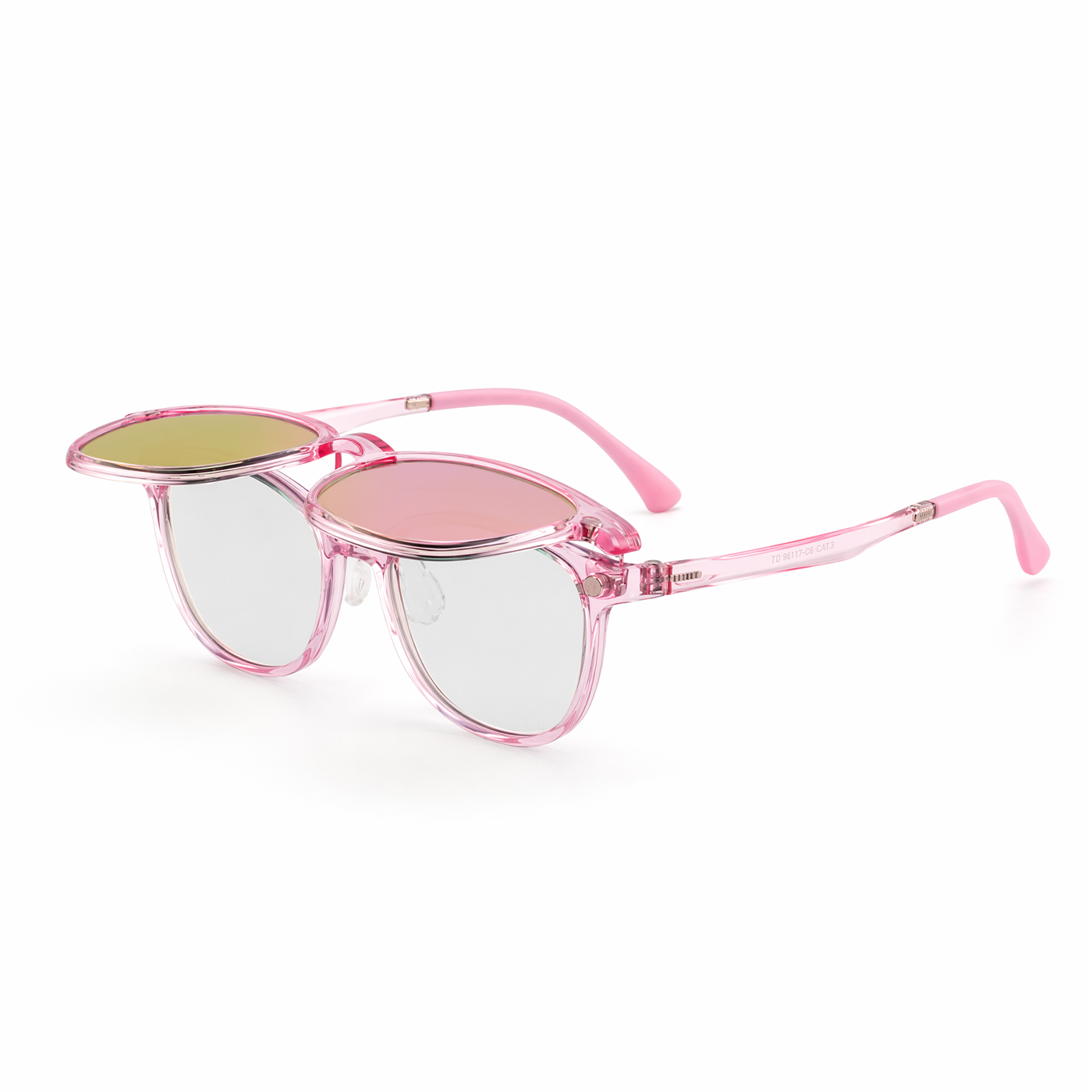 2-in-1 pink translucent eyeglasses with yellow tinted clip-on lenses