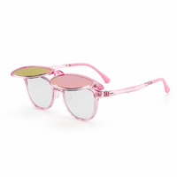 2-in-1 pink translucent eyeglasses with yellow tinted clip-on lenses