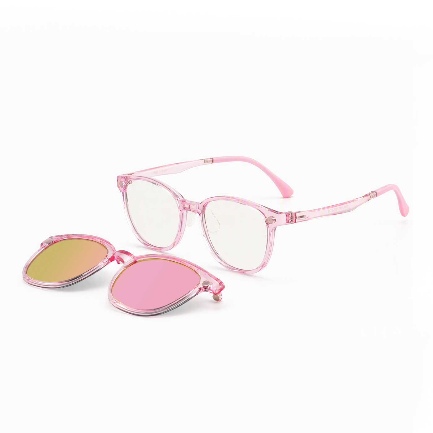2-in-1 pink translucent eyeglasses with yellow and pink tinted clip-on lenses