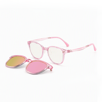 2-in-1 pink translucent eyeglasses with yellow and pink tinted clip-on lenses