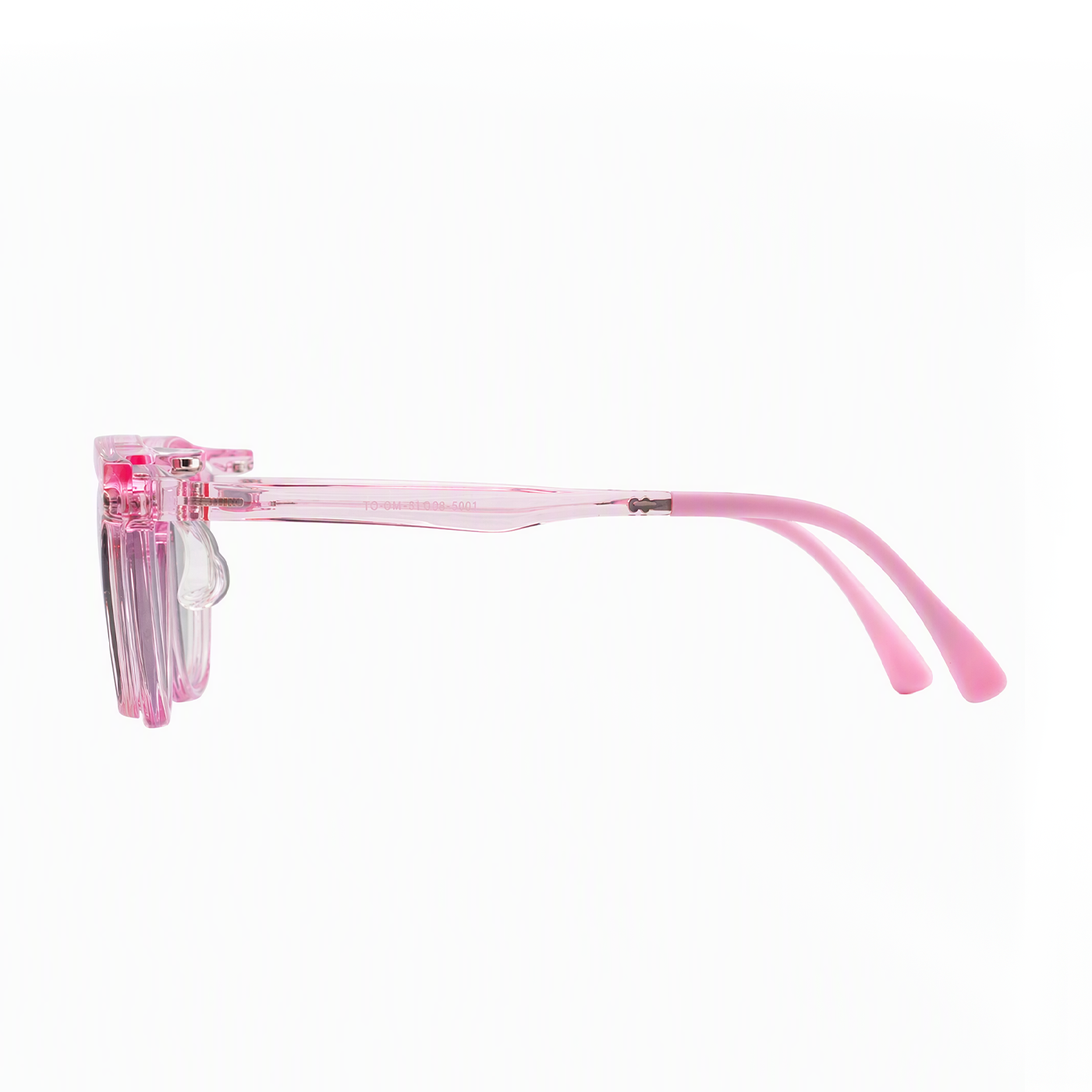 2-in-1 pink translucent eyeglasses with clip-on lens module on side arm