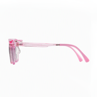 2-in-1 pink translucent eyeglasses with clip-on lens module on side arm
