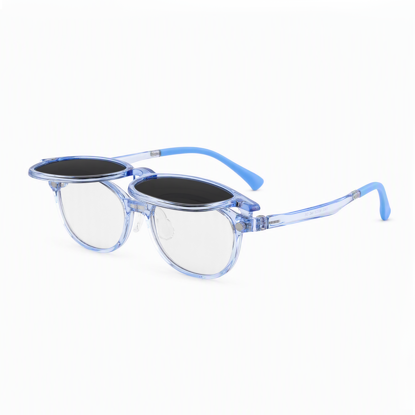2-in-1 kids eyeglasses, transparent blue frame with dark lenses and clear lenses