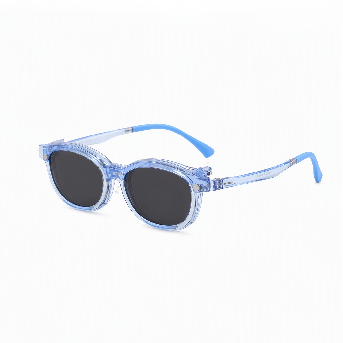 2-in-1 kids eyeglasses, transparent blue frame with dark blue-tinted lenses