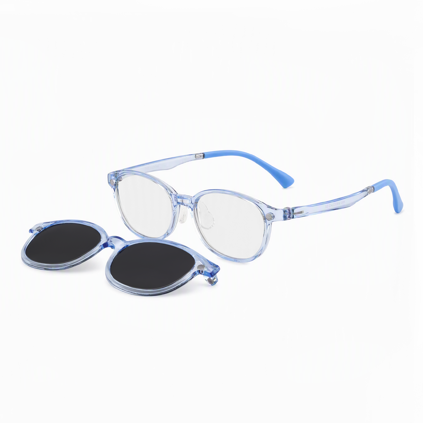 2-in-1 kids eyeglasses set, transparent frame with clear lenses and dark lens pair