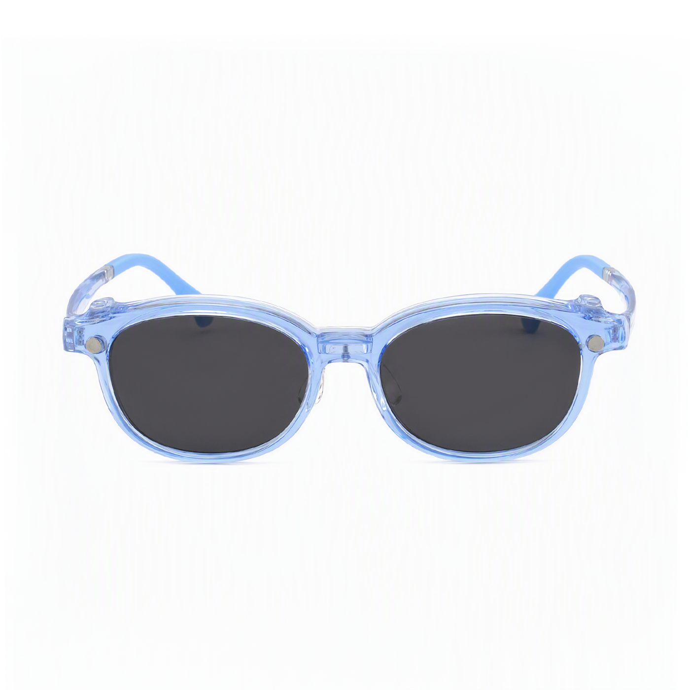2-in-1 kids eyeglasses, transparent blue frame with dark lenses, front view
