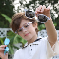 2-in-1 sunglasses with transparent frame and blue mirrored lenses, rounded rectangle