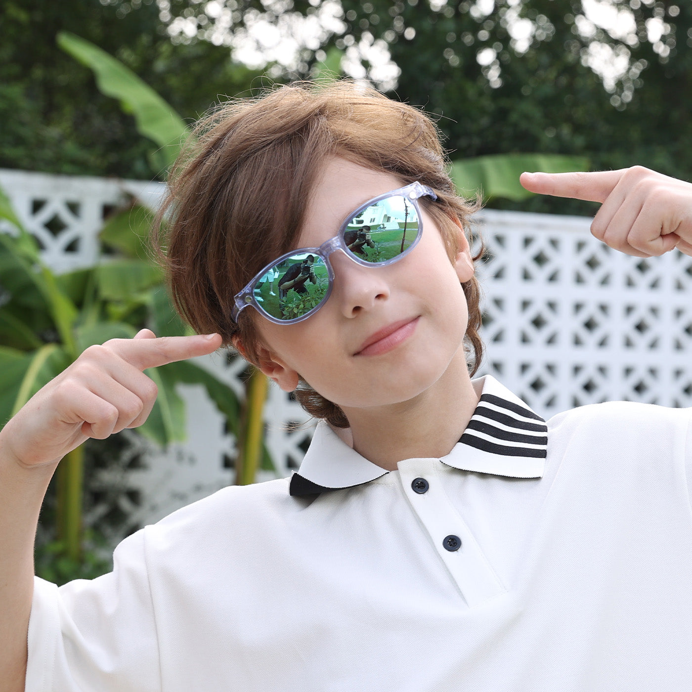 2-in-1 sunglasses with transparent frame and green mirrored lenses, rounded rectangle
