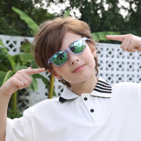 2-in-1 sunglasses with transparent frame and green mirrored lenses, rounded rectangle