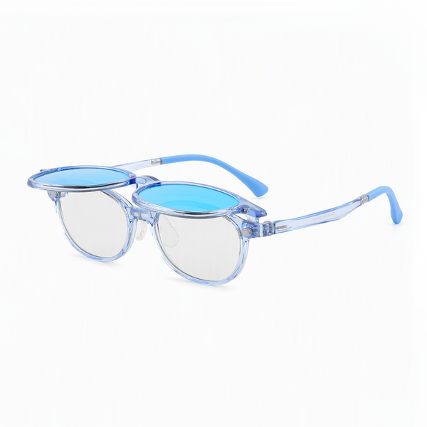 2-in-1 kids eyeglasses, transparent blue frame with light blue tinted and clear lenses