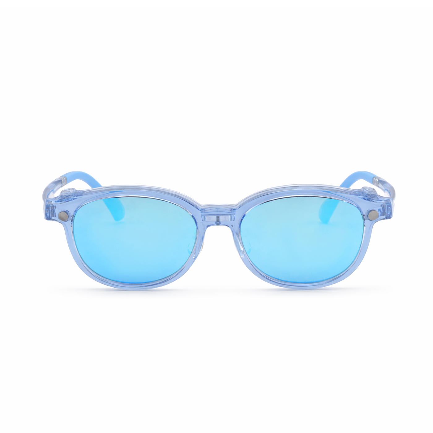 2-in-1 kids eyeglasses, transparent blue frame with light blue lenses, close front