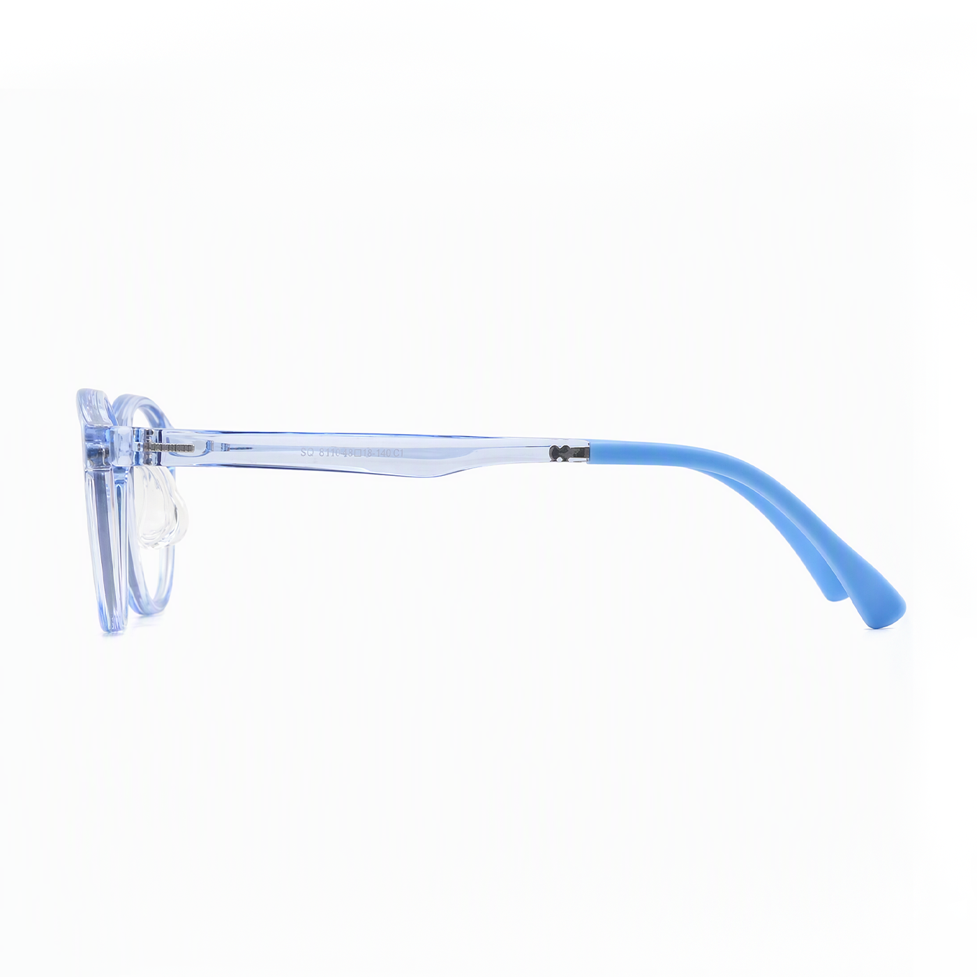 2-in-1 kids eyeglasses side view, transparent blue frame with light blue lens