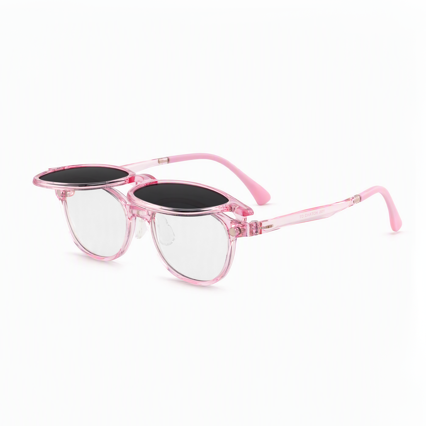 Archie 2-in-1 clip-on sunglasses, transparent pink frame with dark lenses