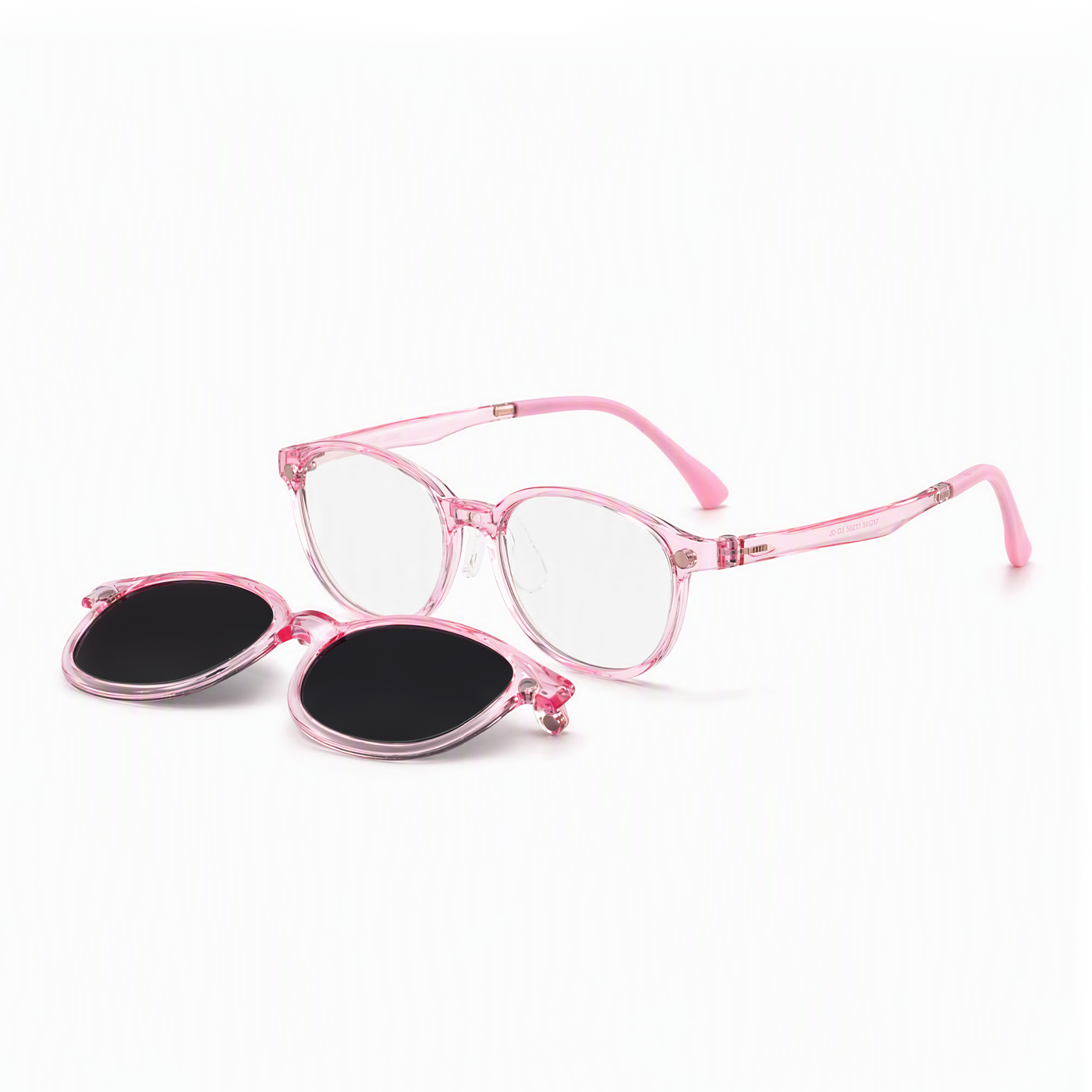 Archie 2-in-1 sunglasses set, transparent pink frame with clear lenses and dark clips