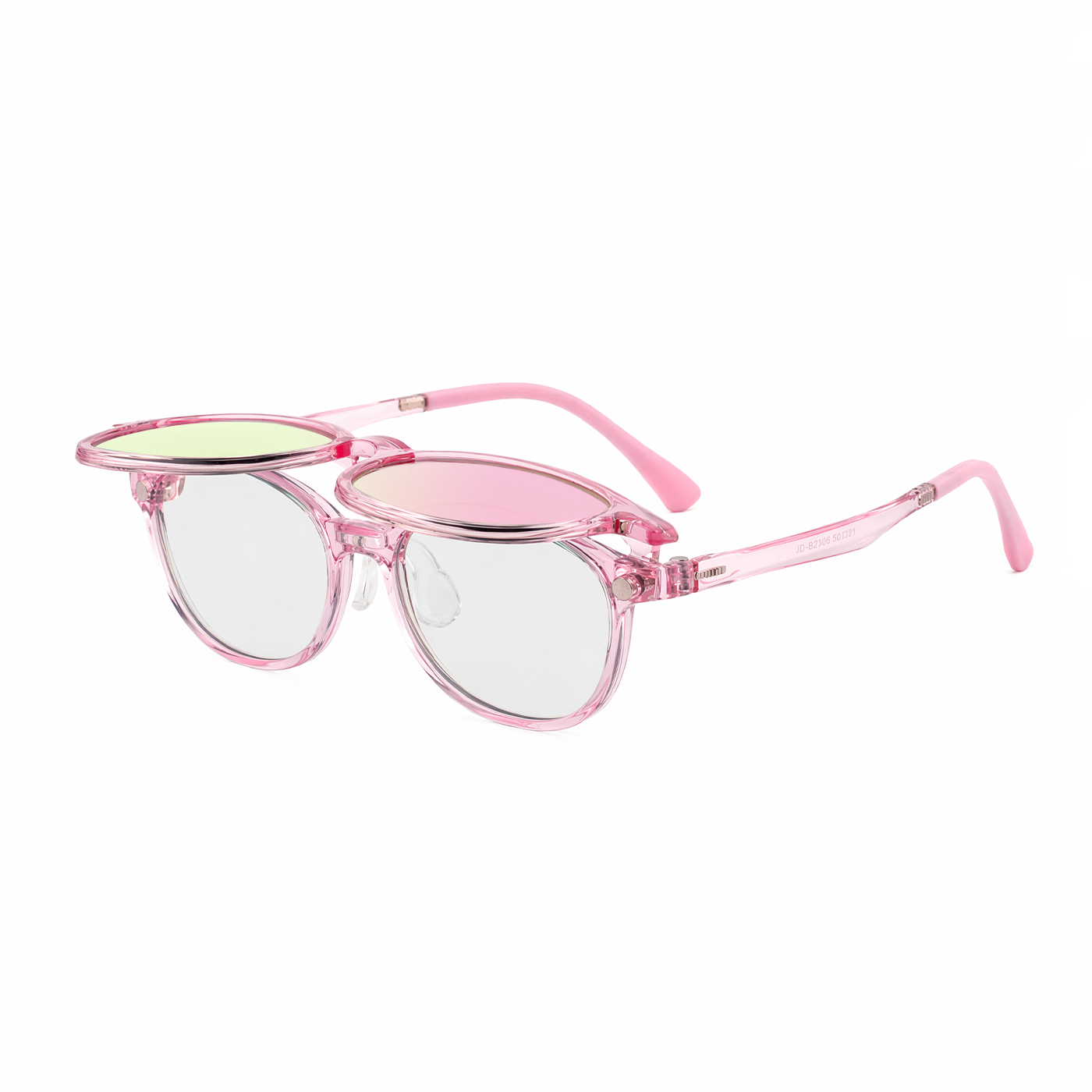 Archie 2-in-1 sunglasses set, transparent pink frame with clear lenses and dark clip lenses