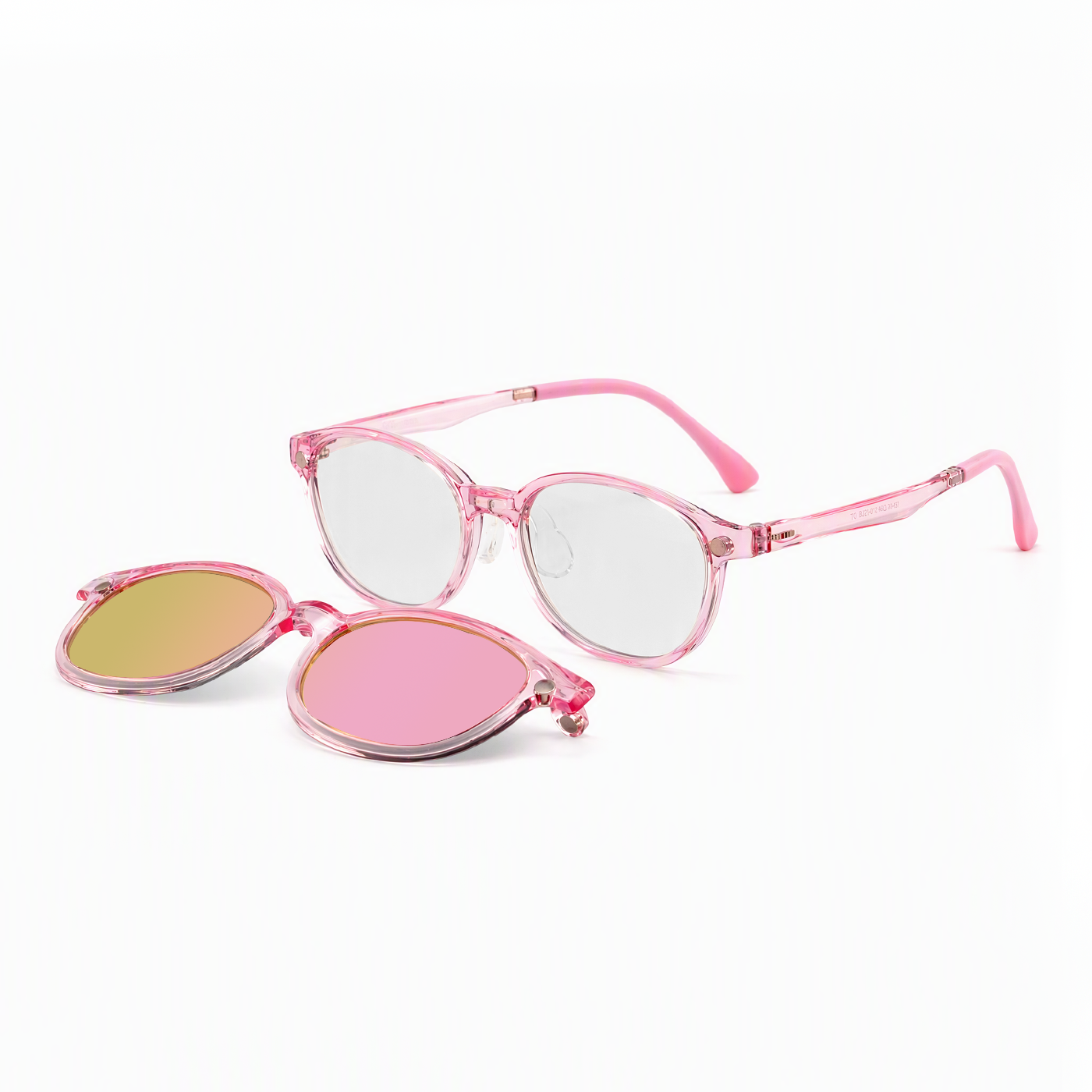 Archie 2-in-1 sunglasses set, transparent pink frame with clear lenses and gold clip lenses