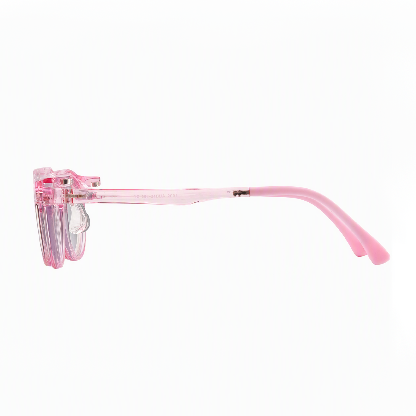Archie 2-in-1 sunglasses, transparent pink frame side view with lens mount