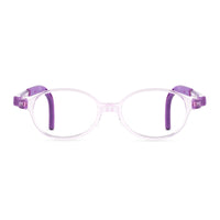 Eyeglasses front view with clear frame and purple temple details