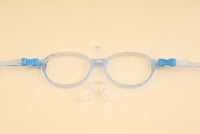 Litebuddies clear nose pads and blue temple arms on round eyeglass frame