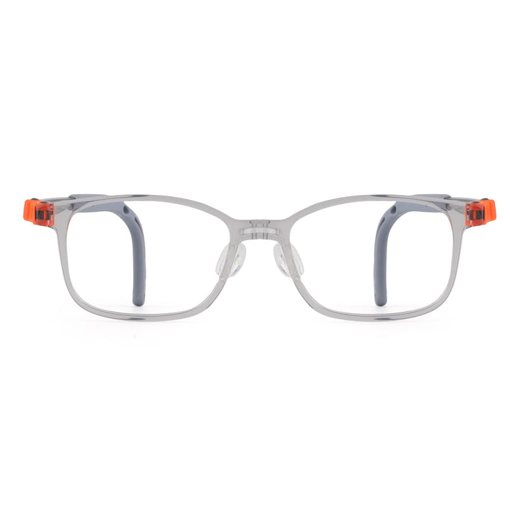 Kids clear-lens eyeglass frames with gray front and orange temple accents