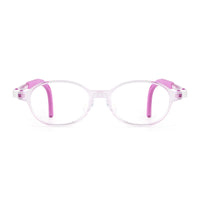 Front view eyeglasses with clear frame and purple accents, oval lenses