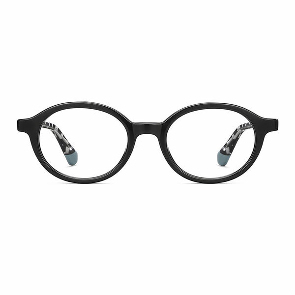 Black round eyeglasses with clear lenses and matching black temples