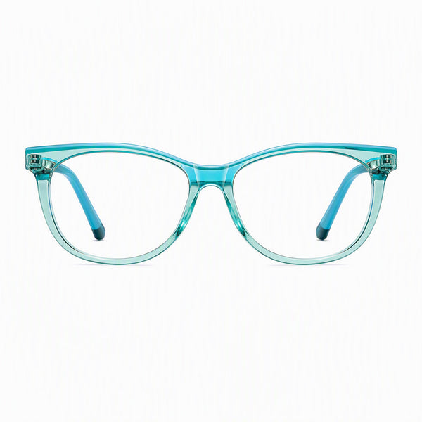 Turquoise eyeglass frames with clear lenses and curved rims