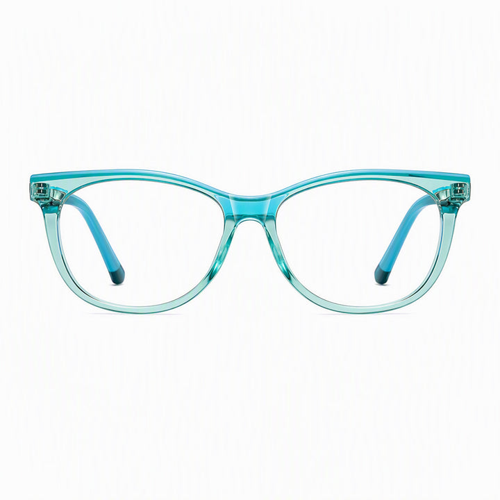 Turquoise eyeglass frames with clear lenses and curved rims
