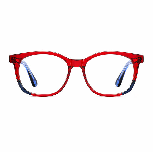 Red eyeglasses with round lenses and dark blue temple accents