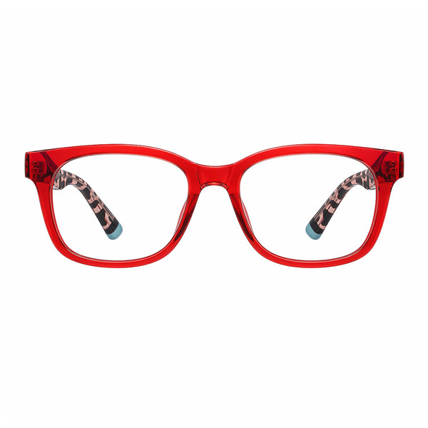 Red full-rim eyeglass frames with patterned temple tips