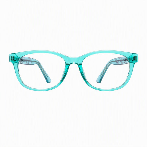 Teal clear eyeglass frames with blue arms, round clear lenses