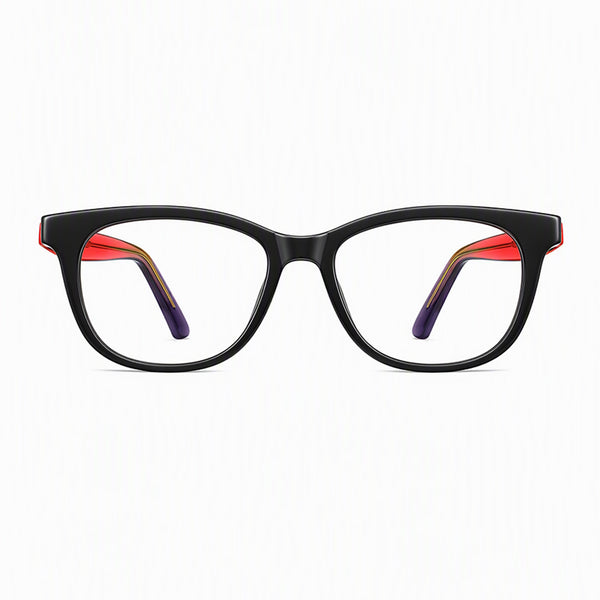 Pixel eyeglasses with black frames and red accents, clear lenses