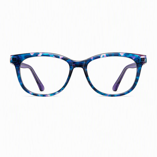 Blue patterned eyeglasses with clear lenses and rounded rectangular frame.
