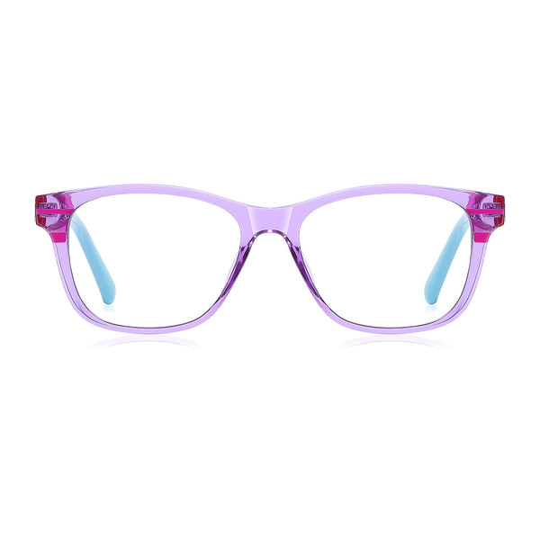 Purple eyeglass frames with clear lenses and blue temple tips.