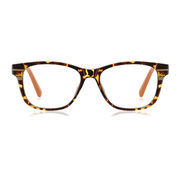 Tortoiseshell eyeglass frame with orange temple tips and rounded-square lenses.