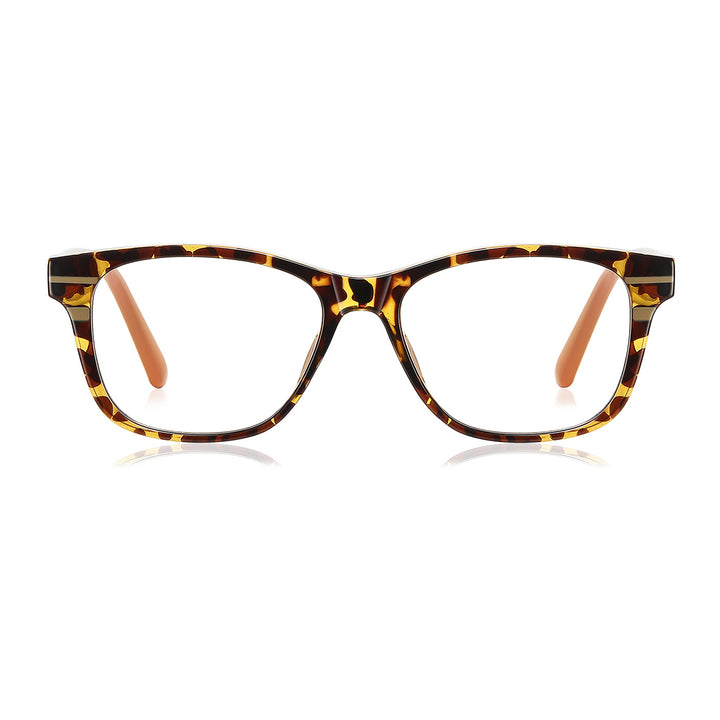 Tortoiseshell eyeglass frame with orange temple tips and rounded-square lenses.