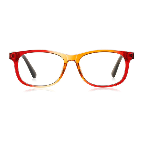 Red and amber translucent eyeglass frames, full-rim oval front