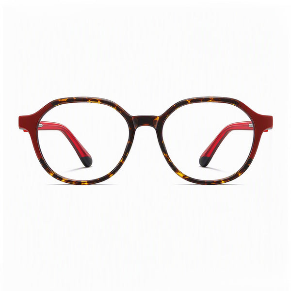 Red and tortoiseshell eyeglasses with clear lenses, round frames and keyhole bridge
