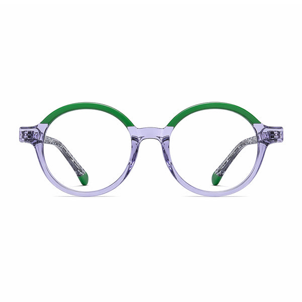 Round eyeglasses frame with lavender front and green temple tips, clear hinges.