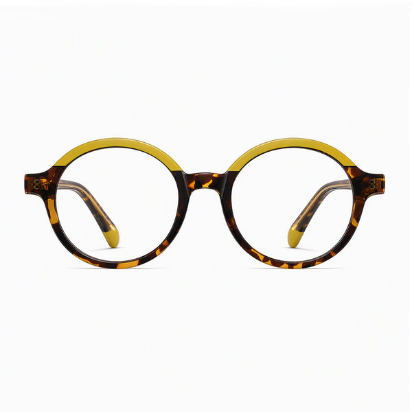 Round tortoiseshell eyeglass frames with yellow top rim and dark temples